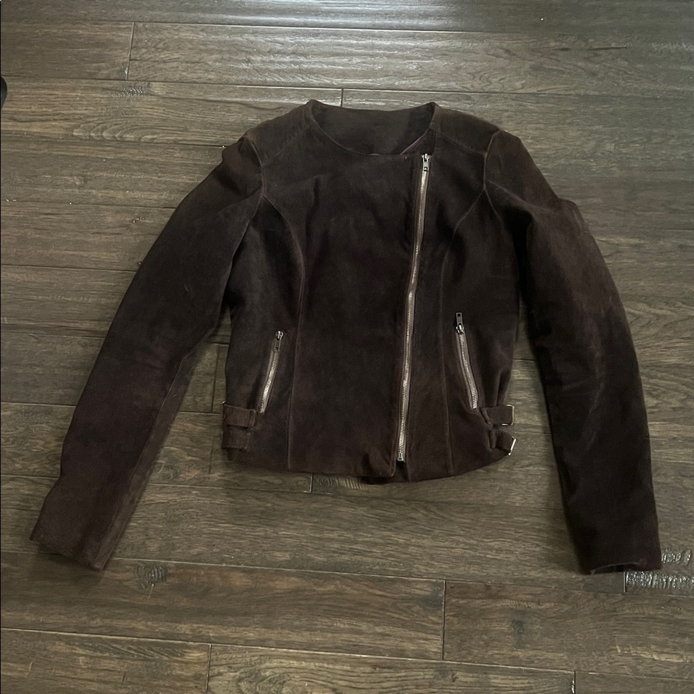 Women’s chocolate Brown Suede Jacket with Asymmetrical Zipper